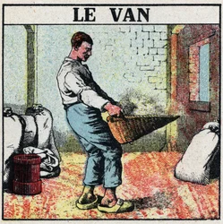 Ferramentas eléctricas: a carrinha ou cesta de vime utilizada para limpar os grãos antes da invenção das máquinas eléctricas. Ilustração anónima a partir de 1925. Coleção privada.