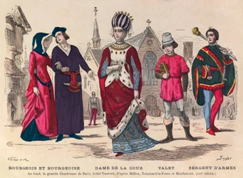 Gravura - Bourgeois et bourgeoise, Lady of the Court, valet, sergeant-at-arms em Paris no século XIII (no fundo la grande Chatreuse de Paris, hotel Vauvert) - Fatos de corte na França durante o século XIII - coleção particular