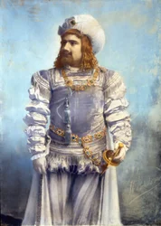 Enrico Caruso (1873-1921), tenor italiano no papel de Fausto no Mephistophele (Mephistopheles (Mephistoles) de Arrigo (ou Enrico) Boito Foto colorida à mão. Roma