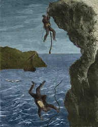 Fuga de duas forças da Bagne de Belle-Ile-en-Mer (bela ilha no mar) no século XIX. Gravação em "Histoire des bagnes depuis leur création à nos jours" (1877) por Pierre Zaccone (1817-1895) (Colonia Penale - colônia penal). Colecção privada