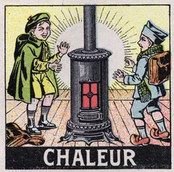 Éter (material): duas crianças aquecidas pelo calor de um fogão. Ilustração anónima de 1925. Colecção privada.