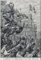 Etiópia: O ataque de Makalle pelos Choans de Menelik II contra o exército italiano. A Etiópia. Gravura em "Le Petite Parisien".