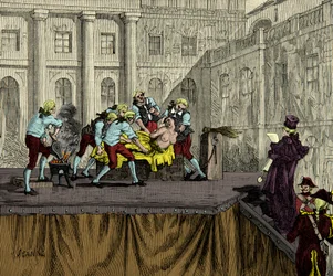 O carrasco Samson marca Jeanne de Valois Saint Remy (Valois-Saint-Remy), conhecida como Comtesse de la Motte (1756-1791), após a sua condenação no caso do colar da rainha em 1786, gravura, colecção particular