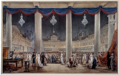 Exposição de produtos industriais na praça do pátio do Louvre em 1801 Gouache e aquarela anônima. 1801. Paris, Musee Carnavalet