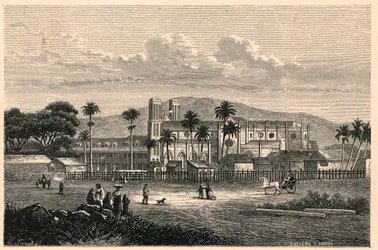 Vista exterior da Catedral do Porto de Espanha (Port of Spain) em Trinidad (Trinidad e Tobago, Trinidad e Tobago). Gravura em "Les Missions Catholiques au XIXeme Siecle" de Louis-Eugene (Louis Eugene) Louvet. coleção particular.