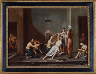 "Ladies in the Hammam" Pintura anónima 1741 - Óleo sobre tela, 39x53 - Colecção Privada