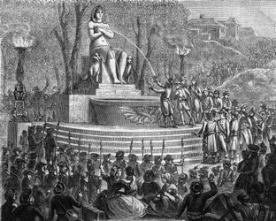 Fete de la nouvelle constitution (29 thermidor year I ou 10 August 1793) - La Fontaine de la Regeneration sur les debris de la Bastille (10 August 1793) - Gravação no "Histoire des Girondins" de Alphonse de Lamartine (1790-1869) 1865-1866 - Colega particul