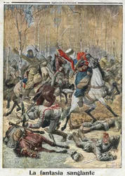 Primeira Guerra Mundial 1914-1918 (14-18): "A Fantasia Sangrenta". Na floresta, uma tropa de trinta uhlans (cavaleiros alemães com uma lança) lutou por oito vitoriosos spahis argelinos. Gravura no "Le Petite Journal", em 28/11/1915. Colecção privada.