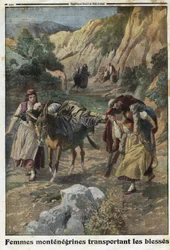 Primeira Guerra Mundial 1914-1918 (14-18): mulheres do Montenegro transportam homens feridos na guerra no dorso de mulas ou aos próprios ombros. Gravura em «Le Petit Journal», de 5/12/1915. Coleção particular.