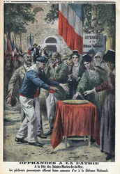 Primeira Guerra Mundial 1914-1918 (Guerra 14-18). Na festa de Saintes-Maries-de-la-Mer, os marinheiros ofereceram à nação os anéis de ouro para financiar a ajuda à defesa nacional. Em «Le Petit Journal», em 12/11/1916. Coleção particular
