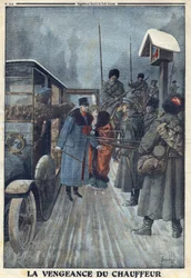 Primeira Guerra Mundial 1914-1918 (Guerra 14-18). Denonce por seu motorista que queria vingar seus maus tratos, o general austríaco Skarbonovich é feito prisioneiro em um campo russo. No "Le Petite Journal", em 20/02/1916. Coleção Privada