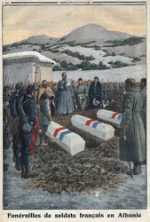 Primeira Guerra Mundial 1914-1918 (Guerra 14-18). Funeral de soldados franceses na Albânia. No "Le Petite Journal".