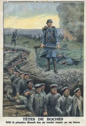 Primeira Guerra Mundial 1914-1918 (Guerra 14-18). "Cabeças de cabeça": profana prisioneiros alemães em uma trincheira conquistada pelas tropas do exército francês. No "Le Petité Journal", a 5/03/1916. Coleção Privada