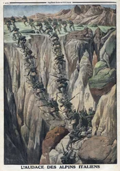 Primeira Guerra Mundial 1914-1918 (Guerra 14-18). Soldados italianos escalam o cume do Cauriol nos Alpes Fiemme, na Itália. No "Le Petite Journal", 8 de outubro de 1914-1918