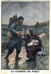 Primeira Guerra Mundial 1914-1918 (Guerra 14-18). A carruagem dos peludos: um soldado francês num caminho pára para oferecer pão a uma mulher sozinha com o seu bebé. No "Le Petite Journal", em 9/01/1916. Coleção Particular