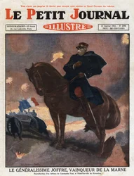 Primeira Guerra Mundial: retrato do General Joseph Joffre (1852-1931) a cavalo, representando como vencedor no campo de batalha de La Marne (Setembro de 1914)" Ilustração de uma pintura de Constantino Font. Gravura de "Le petit journal illustrious" de 1931