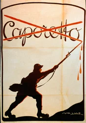 Primeira Guerra Mundial: cartaz publicado por ocasião da derrota de Caporetto (ou Batalha de Karfreit) no final de outubro de 1917, representando um soldado do exército italiano que tirou o nome "Caporetto" da ponta de sua baonete. Ilustrador não ident