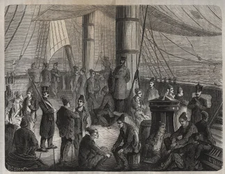 Primeiro comboio de forças de Toulon para Caiena (Guiana) sob o Decreto de 8 de Dezembro de 1851. Gravação em "Histoire des bagnes depuis leur création à nos jours" (1877) por Pierre Zaccone (1817-1895) (Colonia Penale - colônia penal). Coleção particular.