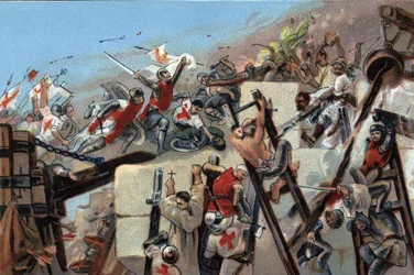 Primeira cruzada (1096-1099): a captura de Jerusalém pelos crois liderados por Godefroy (Godefroi) de Bouillon (1061-1100) em 15 de julho de 1099. Cromolitografia publicitária dos chocolates Antoine em Bruxelas, no início do século XX. Coleção Particular