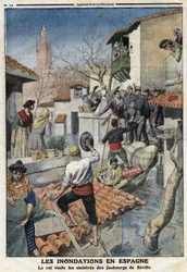 Inundações em Espanha: O Rei Afonso XIII (1886-1941) visita os sinistros subúrbios de Sevilha. Gravura no "Le Petite Journal", em 25/02/1912. Coleção privada.