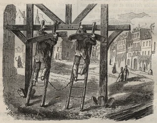 Carpinteiros forcats no Toulon Bagne, no século XIX. Gravura em "Histoire des bagnes depuis leur création à nos jours" (1877) de Pierre Zaccone (1817-1895) (Colonia Penale - colônia penal). Coleção particular.