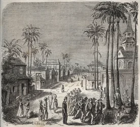 Forcats indo trabalhar no penitenciário Saint-Laurent (Saint-Laurent) em Cayenne (Guiana Francesa) no século XIX. Gravação em "Histoire des bagnes depuis leur création à nos jours" (1877) por Pierre Zaccone (1817-1895) (Colonia Penale - colônia penal)