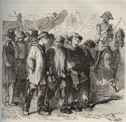 Forcats em marcha na Bagne de Rochefort no século XIX. Gravação em "Histoire des bagnes depuis leur création à nos jours" (1877) de Pierre Zaccone (1817-1895) (Colonia Penale - colônia penal). Coleção particular.