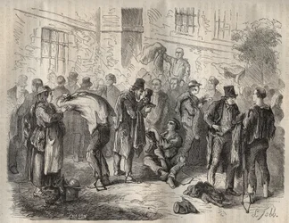Forcats vendendo seus pertences antes de entrar no Toulon Bagne, no século XIX. Gravura em "Histoire des bagnes depuis leur création à nos jours" (1877) de Pierre Zaccone (1817-1895) (Colonia Penale - colônia penal). Coleção particular.