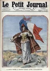 A França (Marianne) protege a bandeira nacional contra o antipatriotismo - «Le Petit Journal» de outubro de 1909