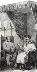 Francisco de Paula, fundador da Ordem Católica Romana dos Mínimos e Papa Sisto IV - São Francisco de Paule (Francesco di Paola) (1416-1507), fundador da Ordem de Mínimos com o Papa Sisto IV - Gravura de 1846 em "Vidas dos Santos". Coleta privada