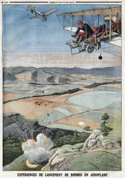 French Armee: "Aeroplane Bombing Experiences" (Experiências de lançamento de bombas de avião). Gravação no "Le Petité Journal", em 14/04/1912. Coleção particular.