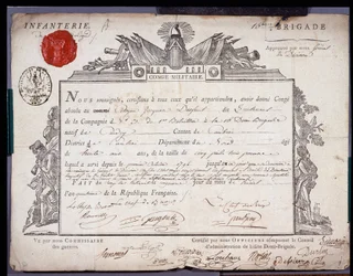 Revolução Francesa: documento oficial de congruência militar datado de 5 Prairial ano IV (24/05/1796) de um tenente da brigada do distrito de Cambrai. Arquivos departamentais de Nord Lille