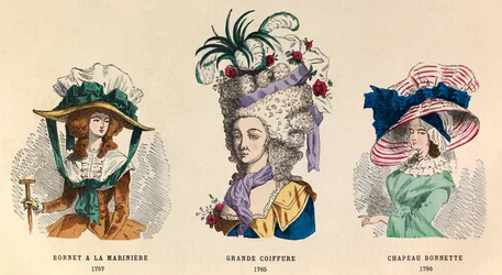 Da esquerda para o alto: Hat a la mariniere em 1787; Grande Hairstyle em 1785 e Hat Bonnette em 1786 - coleção particular