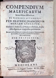 Frontispício de Compendium maleficarum de Guazzo sobre demonologia e bruxaria (gravura
