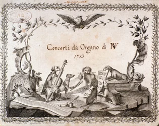 Frontispício de uma partitura musical com representação de animais tocando instrumentos musicais (1783)