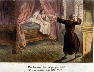 Cena galante: Um monge, na companhia de uma mulher nua na cama, surpreendido pela chegada de uma pessoa, tenta esconder-se. Gravura a cores do século XIX.