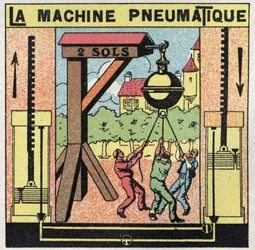Pressão do gás: a máquina pneumática. Numa feira, foram instalados hemisférios enormes que os homens tentaram, em vão, separar. Atração inspirada na experiência de Otto von Guericke (Otto de Guericke