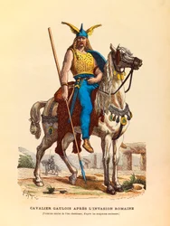 Cavaleiro gaulês após a invasão romana (primeiros séculos da era cristã), gravura - coleção particular