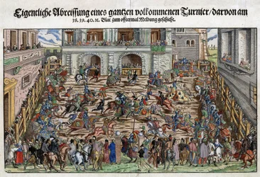 Torneio de Cavaleiro Alemão - Anónimo - ca 1530 - Gravura em cobre, aguarela - 27,6x37,6 - Colecção Privada