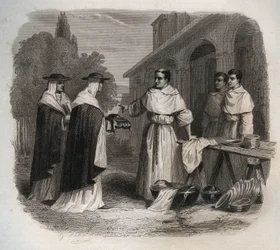 Giovanni da Fidanza conhecido como Boaventura (fazer por volta de 1217-1274) (San Bonaventura) recebeu o chapéu de cardeal. Gravura de 1846 em "Vidas dos Santos". Coleção particular.