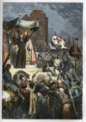 Deus o quer: no Concílio de Clermont (hoje Clermont Ferrand (Clermont-Ferrand), Auvergne), Pedro o Eremita (1050-1115) pregou a primeira cruzada perante o Papa Urbano II