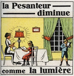 Gravitação: lei da praça. A gravidade diminui como a luz. Ilustração anónima a partir de 1925. Coleção privada.