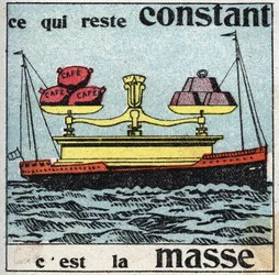 Gravidade: a massa permanece constante. Uma escala enorme com pesos que equilibram as sacas de café, tudo se deita num barco. Ilustração anónima de 1925. Colecção privada.