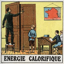 Energia térmica: um professor em uma sala de aula segura uma vela perto de uma porta aberta. Ilustração anônima de 1925. Coleção privada.