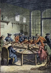 História dos Correios: uma sala de triagem sob o domínio de Luís XV (século XVIII). Detalhe do "Le petit journal" de 15/04/1920. Coleção Particular