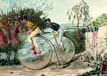 História da bicicleta: Corrida de grandes bi (grand bi). Gravura do século XX. Colecção privada