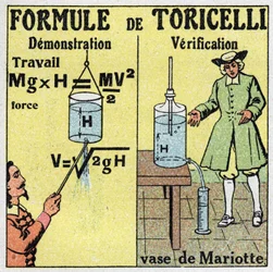 Hidráulica: demonstração e verificação da fórmula de Toricelli. O físico italiano Evangelista Torricelli ou Toricelli (1608-1647) deu uma fórmula para calcular a vazão de um líquido quando se conhece a altura de sua queda. À direita, o vaso de
