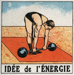 Ideia de energia: o atleta levantar um peso. Ilustração anónima de 1925. Coleção particular.