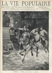 Em frente à escadaria de um pequeno castelo, um jovem cavaleiro chega ao pátio, tem toda a velocidade, cuspindo o seu cavalo e entrando em pânico com os cavalos do engate estacionado junto ao portão, um homem grande usando uma peruca protestada estica-se n
