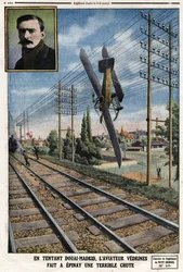 Na tentadora Douai - Madrid, o aviador Jules Vedrines (1881-1919) fez de Epinay uma terrível queda. Gravura no Le Petit Journal", em 12/05/1912